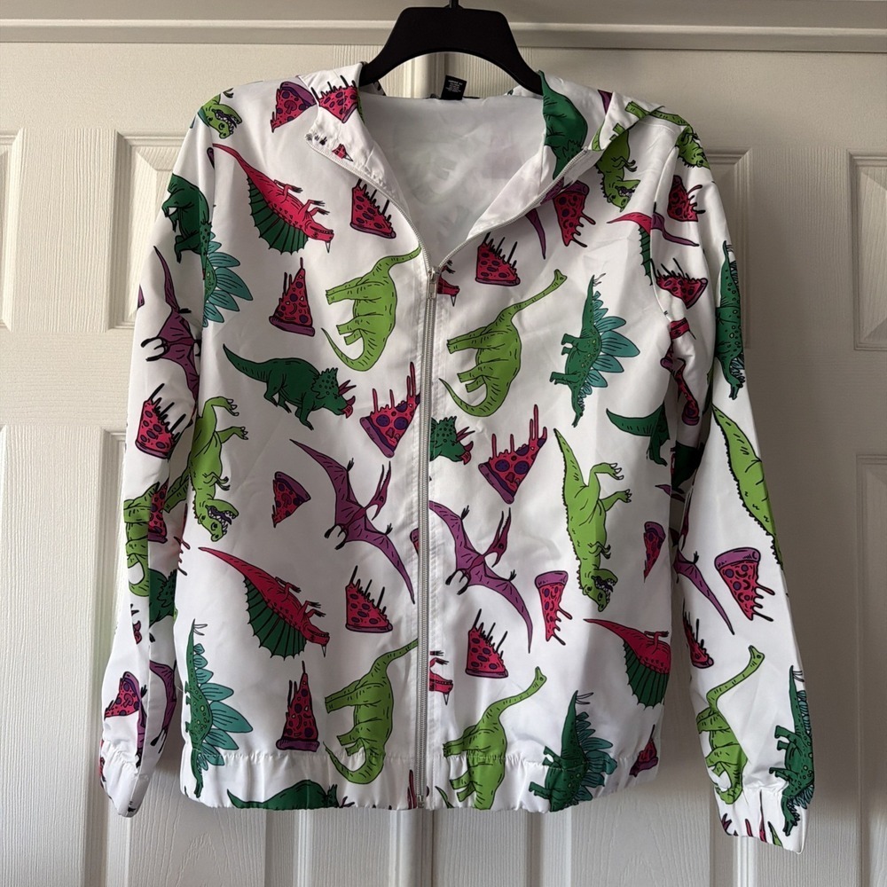 Forever 21 Men Windbreaker Jacket Medium Dinosaurs Pizza Pockets Lined Retro
